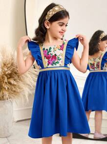 SHEIN Young Girl's Woven Color-Block Ditsy Floral Collared Ruffle Hem Fitted Dress - Blue - View 5