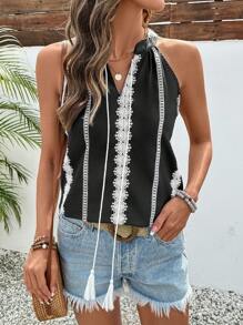 SHEIN LUNE Women's Lace Trim V-Neck Halter Shirt