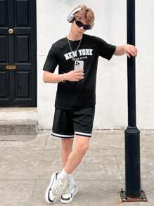 SHEIN Leap Crew Teen Boy Casual English Print Short Sleeve T-Shirt With Patchwork Woven Belt Shorts 2pcs Outfit Set - Black - View 7