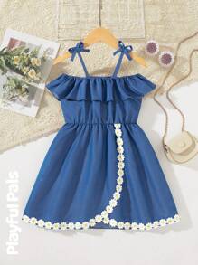 SHEIN 1pc Girls Young Girl Cute Vintage Denim Effect Elastic High-Waist Sleeveless Dress With Sunflower Lace Trim, Short Front Long Back Asymmetrical Design, Casual For Various Occasions Girls Young Girls Dresses Clothes For Girls Young Girls Dresses Girls Clothes Young Girls Dresses Young Girls Clothing Dress Youth Girl Dresses - Blue - View 6