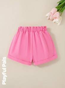SHEIN Girls' Casual Polka Dot Print Floral Trim Ruffle Hem Elastic Waist Shorts With Pockets, Lightweight Cotton Blend Fabric, Adorable Design Lace - Pink - View 2