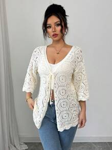 Elenzga Women's Summer Hollow Knitted Tie Front Cover Up, Casual Beach Cover Up