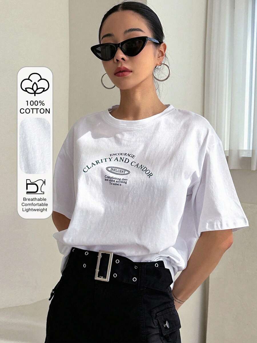 DAZY 字母圖案落肩T恤 - 白色 - 查看 1