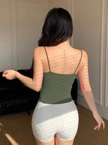 DAZY Women's Tie Shoulder Splicing Bodycon Camisole Top, Summer Tops - Army Green - View 3