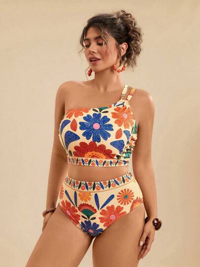 Travachic Plus Size Tropical Flower Print Beach Wear Swimwear 2pcs Set For Women, Asymmetric Neck & Hollow-Out Details, Casual For Summer Holiday Tank Tops