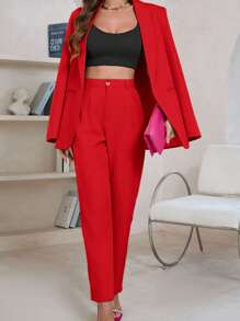 Aveloria Modichic 女士纯色披肩领长袖休闲西装外套 - 紅色 - 查看 4