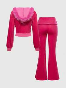 ROMWE Grunge Punk Y2K Velvet Crop Hoodie And Low-Rise Flare Pants 2pcs Set For Women - Pink - View 2