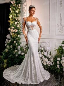 Glamrae 优雅蕾丝刺绣美人鱼长裙，可拆卸拖尾，长袖，露背，适合婚礼、派对、蜜月、新娘