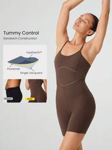 GLOWMODE 6 英寸 FeatherFit™ Peak Motion 收腹可转换肩带紧身连体衣 带侧袋 低冲击瑜伽工作室普拉提日常休闲装 可拆卸罩杯 - 肉桂靈感 - 查看 2