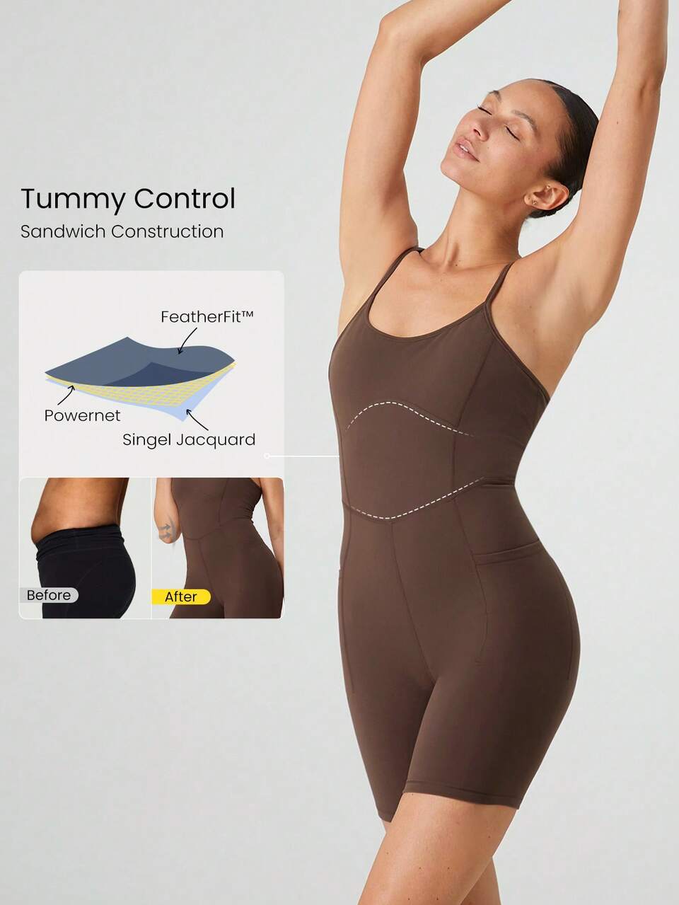 6" FeatherFit™ Peak Motion Tummy Control Convertibale Straps Bodysuit Jumpsuit With Side Pockets Yoga Pilates