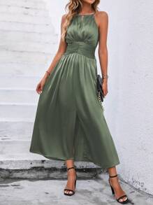 SHEIN Clasi 纯色开叉大腿缎面吊带连衣裙长款女装 - 綠色 - 查看 3