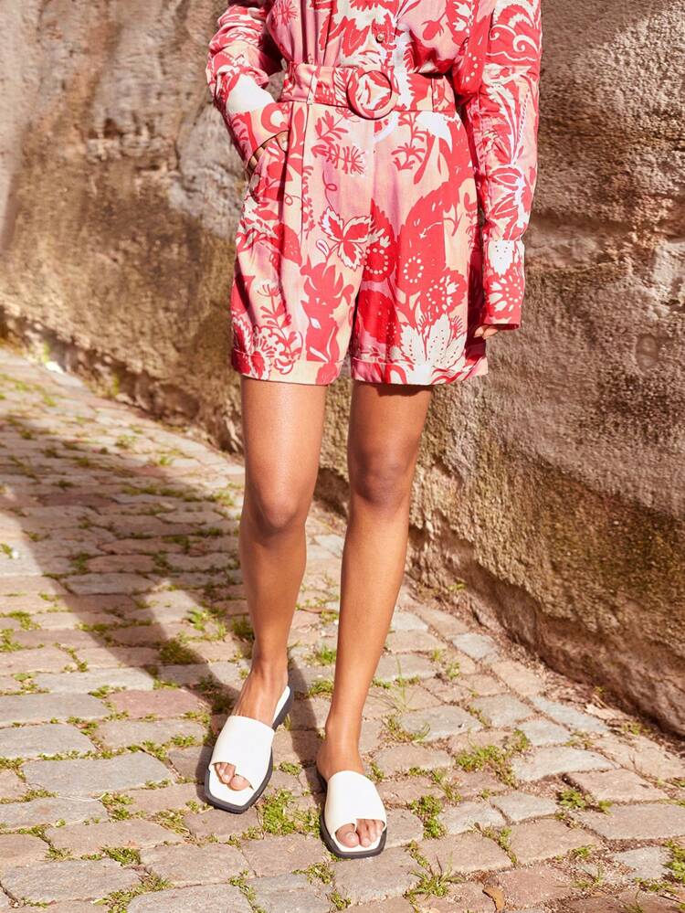 SHEIN Maija Women's Magenta & Light Yellow Color Block Floral Print A-Line Shorts With Waist Tie, Relaxed Fit, Hidden Zipper, Elastic Waistband, Suitable For Tropical Vacation, Boho Fashion