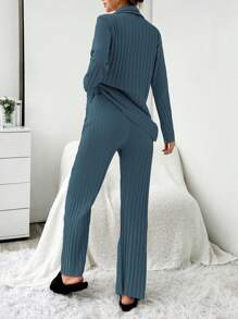 EURMUSE 2pcs/Set Contrast Color Rib-Knit Open Front Pajamas - Teal Blue - View 2