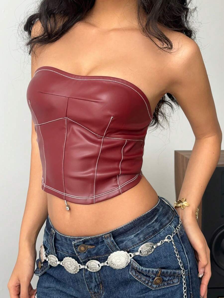 SHEIN Essnce Burgundy Autumn Girly Night Club Women's PU Leather Bandeau Top,Minimalist Fish Bone Design Ruched Tube Top For Party Valentine's Day & Date Night - Burgundy - View 1