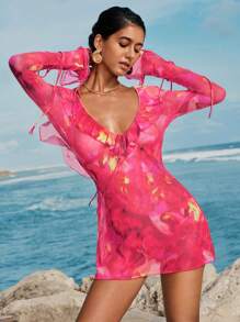 Opulessa Women's Vacation Tie-Dye Print Ruffle Hem Semi-Transparent Mesh  Backless Long Sleeve Dress,Country Concert Outfit - Hot Pink - View 6