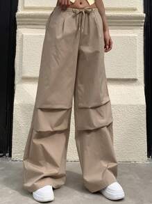 Muchica Women's Solid Color Drawstring Waist Pleated Palazzo Pants, Casual - Camel - View 6