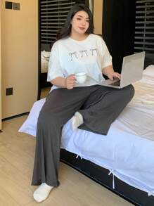 Dazy Plus Plus Size Women Butterfly Print Top And Pants 2Pcs Lounge Set Pajama - White - View 5