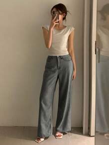 DAZY Solid Color Women's Loose Wide Leg Long Jeans - Grey - View 5
