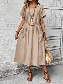 EMERY ROSE Women's Round Neck Short Sleeve Solid Color Pocket Minimalist Casual Dress