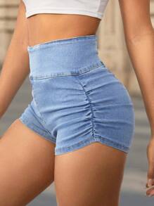 SHEIN PETITE CURVE Plus Size Solid Color Casual Summer Fall Fall Autumn 2000s Style Country Concert Old Money Streetwear Business Casual Work Going Out Airport Casual Blue Denim Shorts High Waisted Denim Shorts