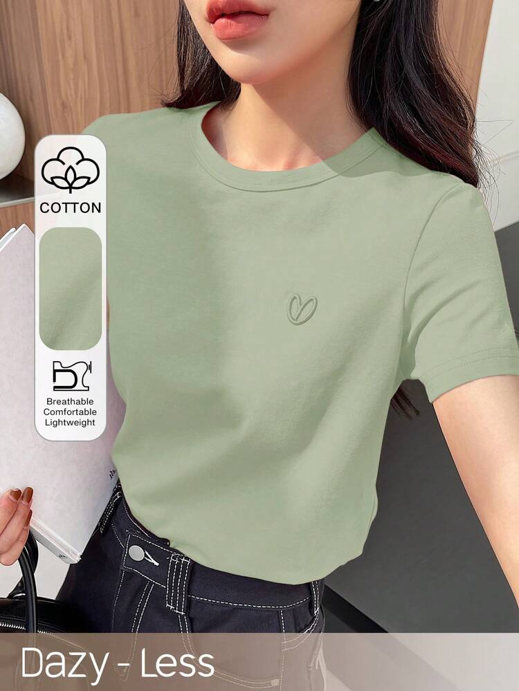 Short Sleeve T-Shirt With Embroidered Hearts, Summer Basic Tee,Business Casual Women