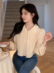 DAZY 女士阔腿短款百褶中式领长袖衬衫，秋季服装 - 黃色 - 查看 6