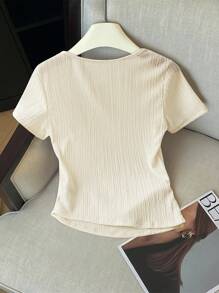 Franclia 女士纯色荷叶边斜领 3D 花卉短袖 T 恤 - 芥末黃 - 查看 2