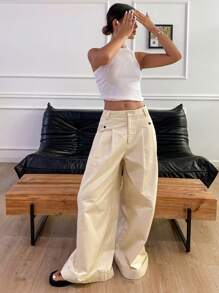 DAZY 實色女式寬褲，帶有口袋 - 米色 - 查看 3