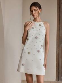 Anewsta Vestido Elegante Romântico Francês de Festa para Encontros, com Estampa Floral, Adornado com Strass e Miçangas, sem Mangas, Roupas de Primavera/Verão para Mulheres - Champanhe - Visão 5