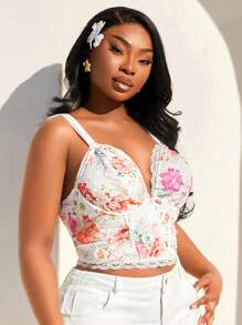 SHEIN SXY Plus Size Women's Spring And Summer Sexy Lace Printed Colorful Fabric Tight Suspenders Underwired Side Gathered Neckline Bow Decorative Lace Flying Suspenders,Suitable For Early Spring, Spring And Summer, Rainforest, Beach Party, Seaside Vacation, Bonfire Party, Cool And Light, Slim Fit, Comfortable To Wear,Easy To Match&Looks Slim,Accent Your Body,Flatter The Figure