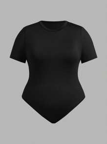 Solflare Plus Size Basic Round Neck Short Sleeve Bodysuit - Multicolor - View 10