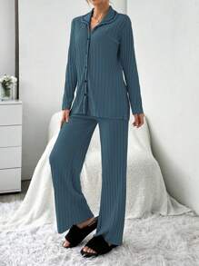 EURMUSE 2pcs/Set Contrast Color Rib-Knit Open Front Pajamas - Teal Blue - View 4