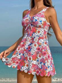 Swim Lushoire Summer Women's Casual Vacation Style Daisy Floral Print Front Tie Wide Strap Swim Dress