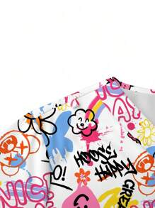 PopScrub Women Graffiti Allover Print Short Sleeve Scrub Uniform Top - Multicolor - View 4