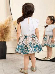 SHEIN Leap Crew Baby Girl Floral Print Ruffle Hem Top & Skirt 2pcs Sets, Summer