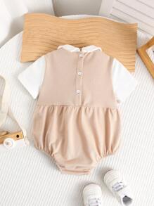 SHEIN Baby Boys Cute Summer 2 In 1 Color-Block Short Sleeve Lapel Bodysuit - Khaki - View 2