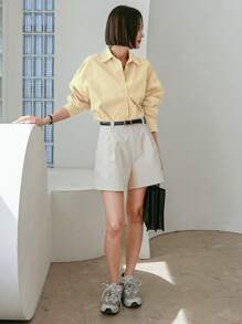 Dazy-Less 女式长袖纯色商务休闲衬衫，秋季女装 - 黃色 - 查看 5