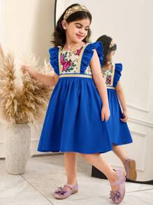SHEIN Young Girl's Woven Color-Block Ditsy Floral Collared Ruffle Hem Fitted Dress - Blue - View 1