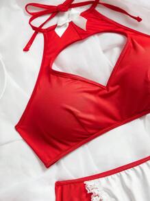 Set Atasan dan Rok Model Halter Neck Warna Polos untuk Remaja Perempuan (2 Potongan: Atasan dan Rok) - Merah - View 3