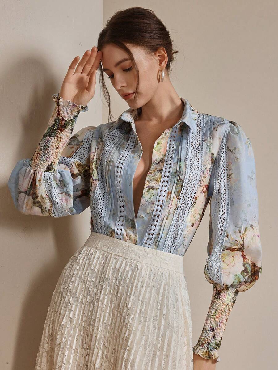 Anewsta 女士浪漫优雅蓝色荷叶边编织纽扣长袖衬衫，办公室/休闲春夏装 - 藍色 - 查看 1