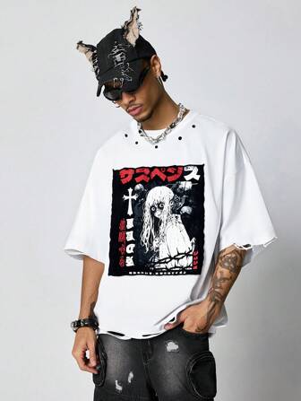 Anime Camiseta de manga corta casual con estampado gráfico de anime para hombre
