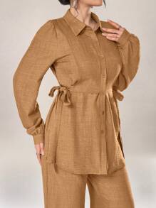 Graceveil 女士两件套前扣长袖休闲衬衫和裤子两件套 - 黃色 - 查看 2