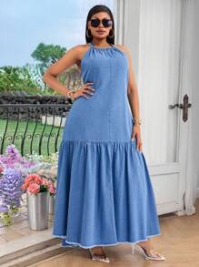 大码后背系带褶饰无袖休闲牛仔性感连衣裙 - 藍色 - 查看 5