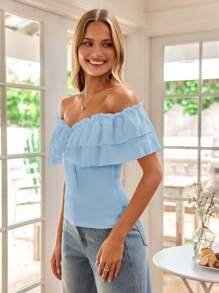 SHEIN VCAY Áo cánh trễ vai màu trơn đơn giản ngày nghỉ - Màu xanh nhạt - Xem 5