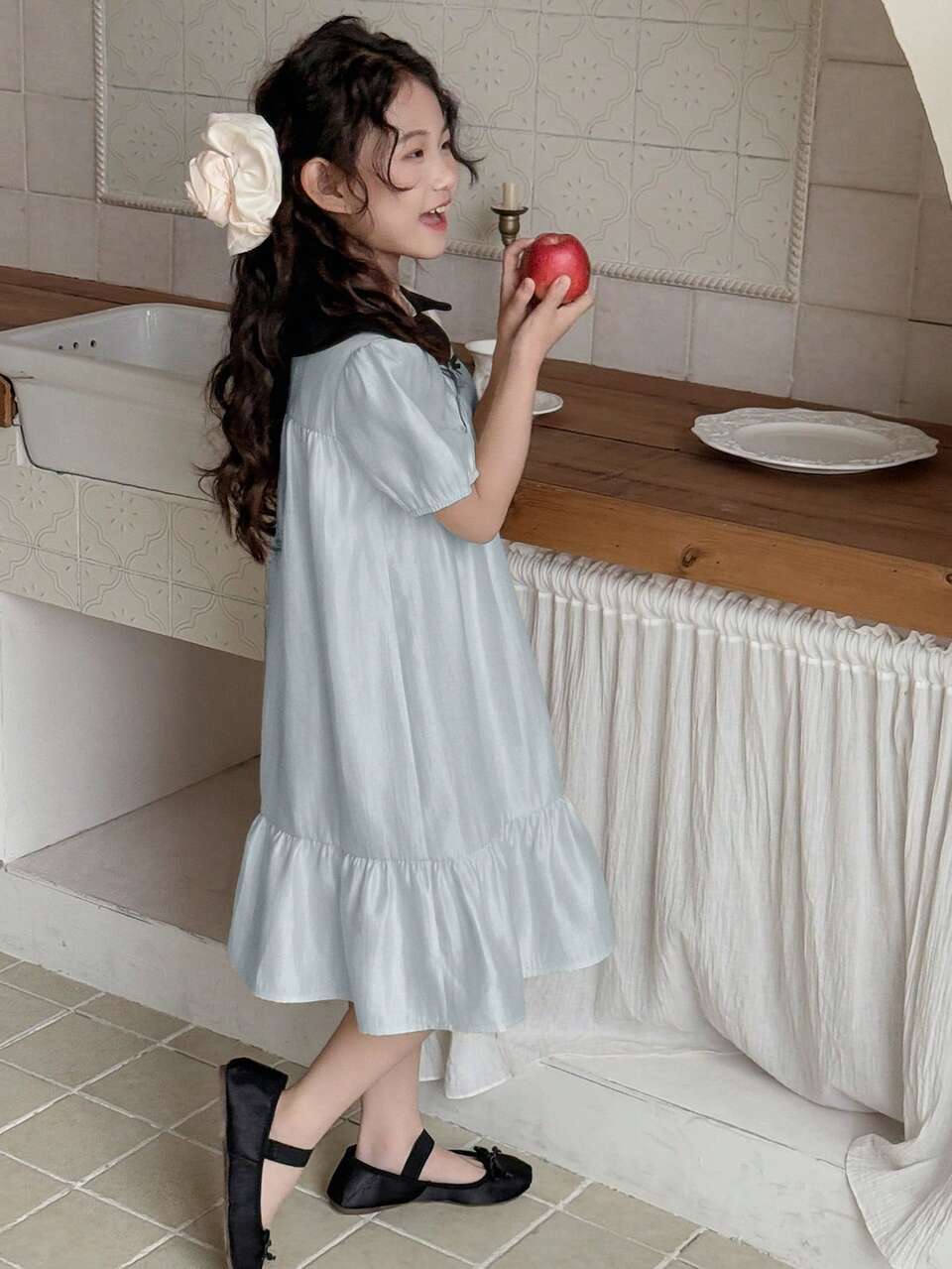 Tween Girl' Colorblock Doll Face Bow Decor Woven Short Sleeve Dress, Summer,Back To School Clothes
