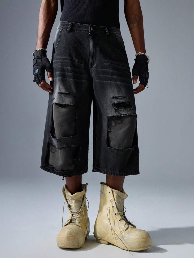 Men's Fashionable Black & Grey Woven Denim Capri Pants