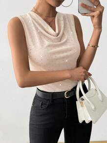 SHEIN Clasi Ladies' Solid Color Rhinestone Embellished Elegant Scoop Neck Tank Top