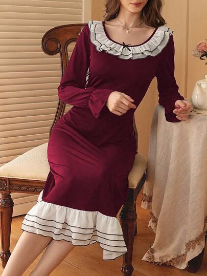 法式浪漫拼色荷叶边下摆女式睡袍