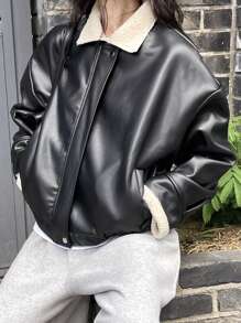 DAZY 女式 PU 皮革和仿羊毛拼布夹克，秋季女装
