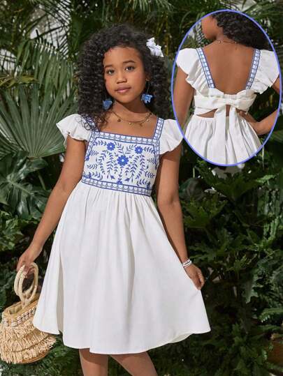 SHEIN Tween Girls Fashion Vacation Lös volang off Shoulder Kortärmad rygglös klänning